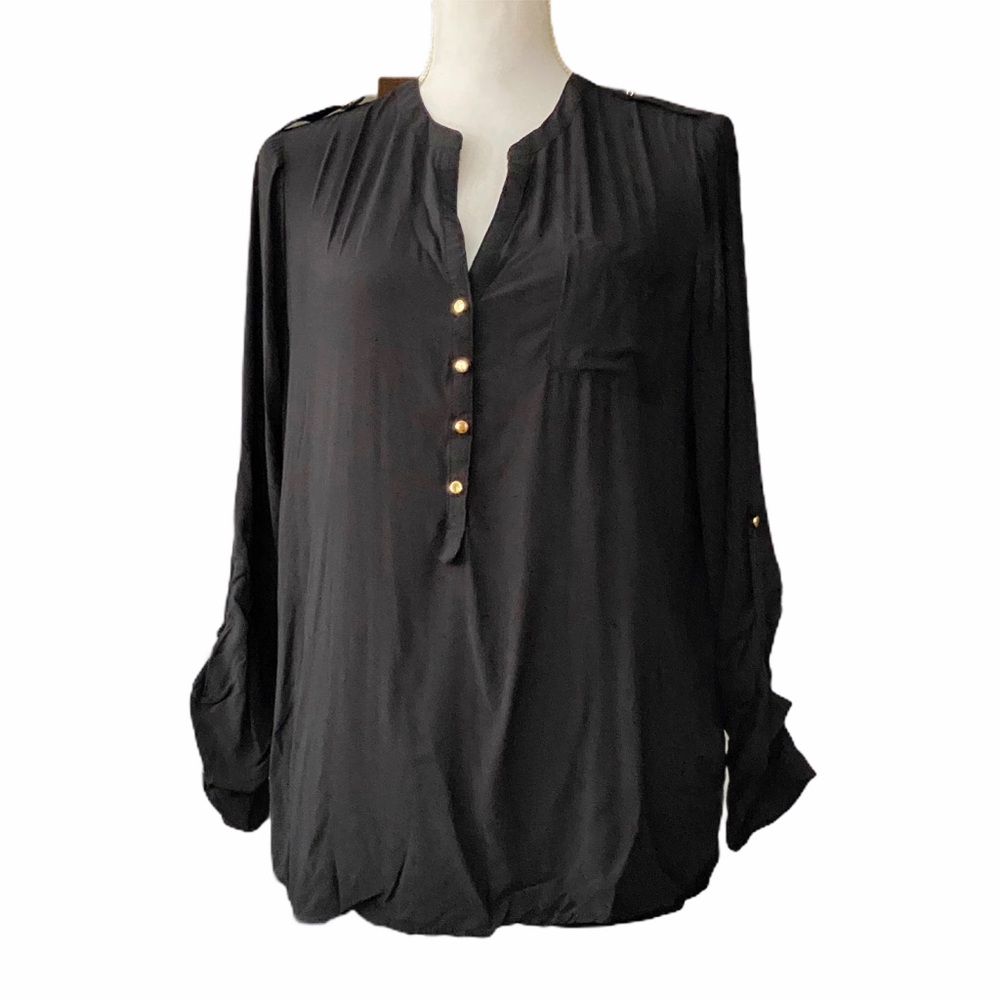 Apt. 9 Black Roll Tab Sleeve Blouse Gold B…